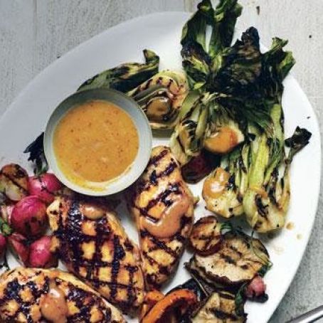 Grilled Asian Chicken with Bok Choy, Shiitake Mushrooms, and Radishes