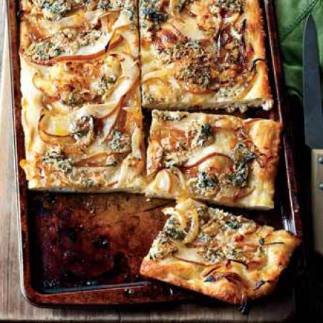 Focaccia with Caramelized Onions, Pear and Blue Cheese
