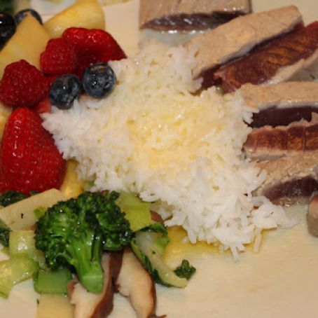 Ahi Tuna Seared on Salt Block with Stir Fry Bok Choy, Shiitake Mushrooms, Broccolini, Rice and Fruit