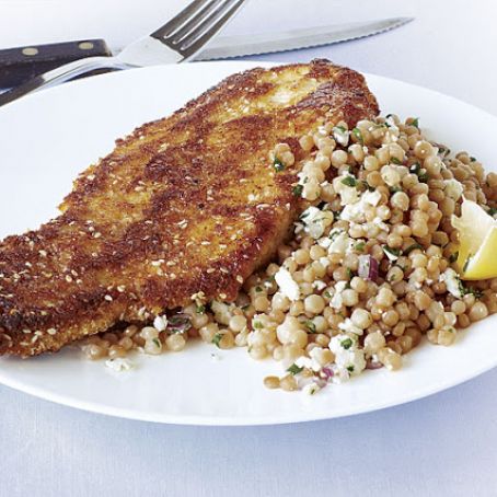 Sesame Turkey Cutlets with Israeli Couscous Pilaf
