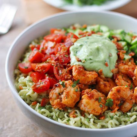 Spicy Shrimp and Saucy Guacamole Ramen Noodle Bowl