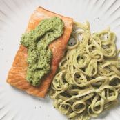 Seared Salmon with Linguine and Ramp Pesto