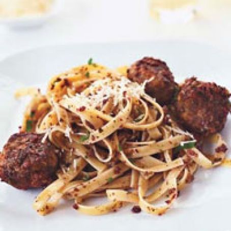 Olive-Mint Pesto Meatballs with Fettuccine