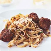 Olive-Mint Pesto Meatballs with Fettuccine