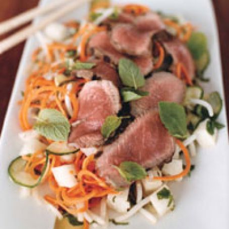 Jicama, Kirby and Carrot Salad with Charred Lamb