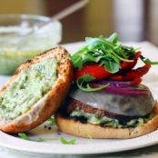 Portobello Burgers with Pesto, Provolone, and Roasted Peppers