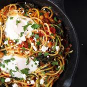 Zucchini Spaghetti Skillet with Kale, Chickpeas and Poached Eggs