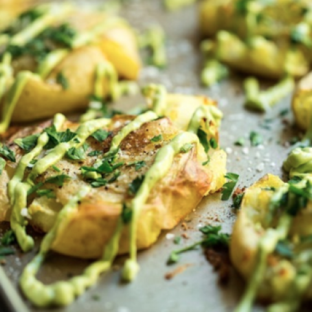 Crispy Smashed Potatoes with Avocado Garlic Aioli