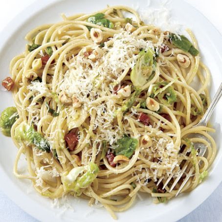 Spaghetti with Brussels Sprouts, Pancetta, and Hazelnuts