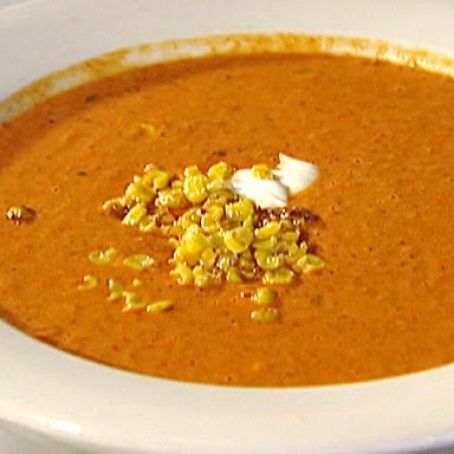 Cream of Roasted Red Bell Pepper Soup with Roasted Sweet Corn and Cilantro- Lime Sour Cream
