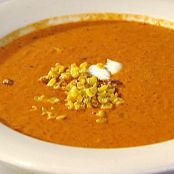 Cream of Roasted Red Bell Pepper Soup with Roasted Sweet Corn and Cilantro- Lime Sour Cream