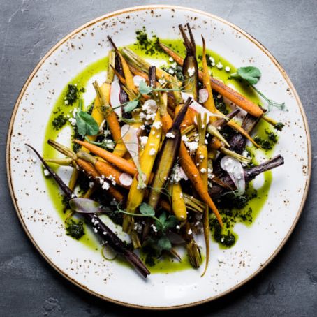 Roasted Carrots, Carrot Top Chimichurri, Radish, Queso Fresco, and Pea Greens
