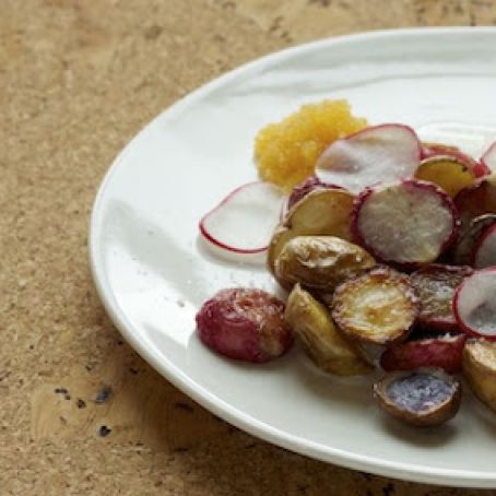 Radishes Roasted and Marble Potatoes with Charred Onion Vinaigrette