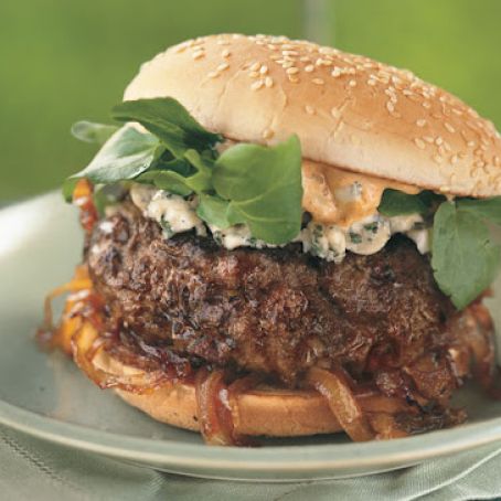 Andouille & Beef Burgers w/Spicy Mayo & Caramelized Onions
