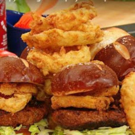 Deviled Burgers with Crispy 'O' Rings and Spicy Ketchup