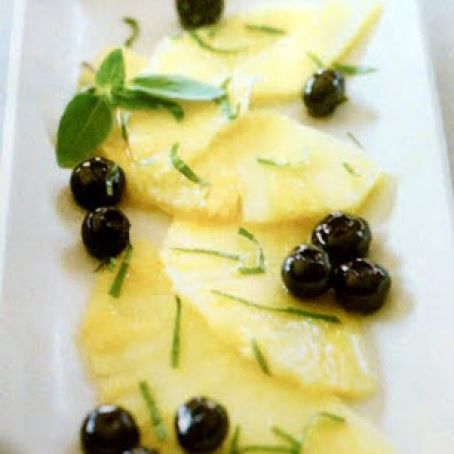 Pineapple Carpaccio with Thai Basil and Blueberries