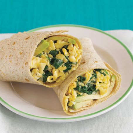 Spinach and Egg Breakfast Wrap with Avocado & Pepper Jack Cheese