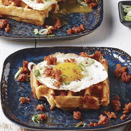 Cornmeal-Cheddar-Chipotle Waffles with Fried Eggs and Chorizo