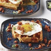 Cornmeal-Cheddar-Chipotle Waffles with Fried Eggs and Chorizo
