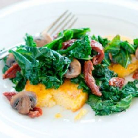 Kale, Mushroom and Tomato Saute with Polenta