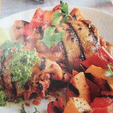 Spicy Grilled Chicken Thighs with creamy chile-herb sauce