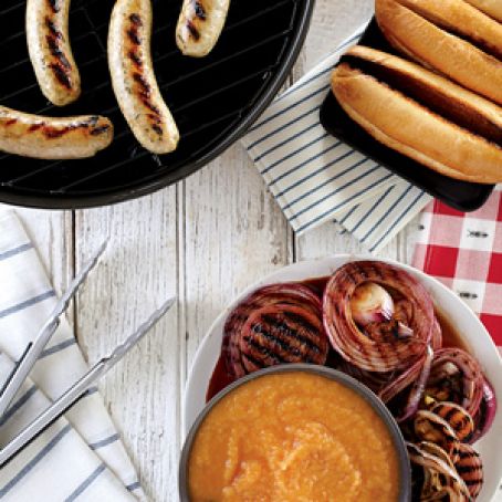 Grilled Sausages with Apricot Applesauce and Balsamic Red Onions