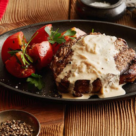 Rib Eye Steak with Onion Blue Cheese Sauce