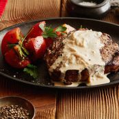 Rib Eye Steak with Onion Blue Cheese Sauce