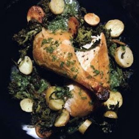 Roast Chicken with Broccoli Rabe, Fingerling Potatoes, and Garlic-Parsley Jus
