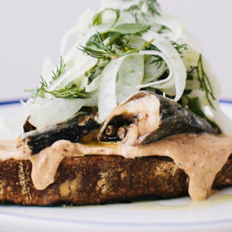 Sardine Toasts with Tomato Mayonnaise and Fennel