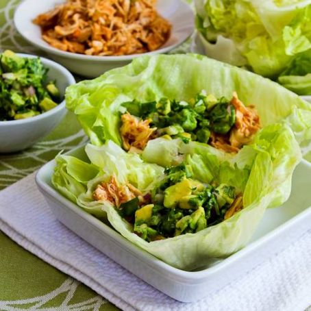Slow Cooker Spicy Shredded Chicken Lettuce Wrap Tacos with Avocado Salsa