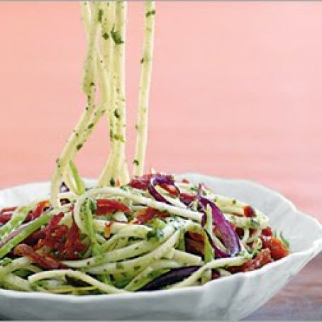 Pesto Linguine Recipe with Snow Peas, Sun-Dried Tomatoes, and Lemon Zest