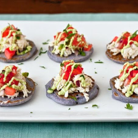 Blue/Pink Corn Blini with Crabmeat and Avocado Crema