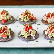 Blue/Pink Corn Blini with Crabmeat and Avocado Crema