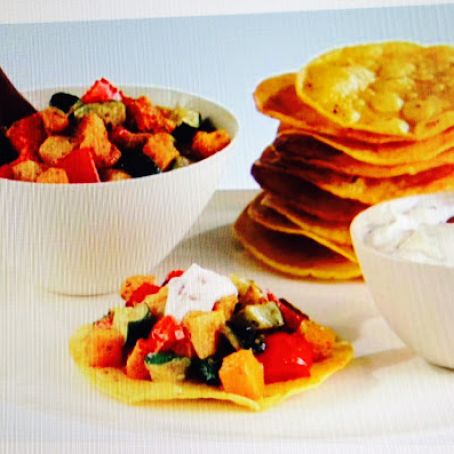 Roasted Vegetable Tostadas with Chipotle Cream