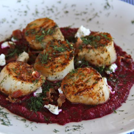 Scallops with Beet Puree, Goat Cheese, Bacon and Dill