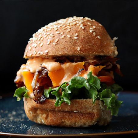 Roasted Butternut Squash Slider with Balsamic Caramelized Onions & Sriracha Mayo