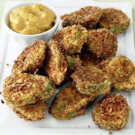 Appetizers (Pretzel-Crusted Pickle Chips with Mustard Sauce)