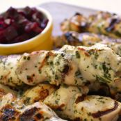 Grilled Ginger Yogurt Mint Chicken Skewers with Beet Chutney