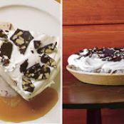Pumpkin Ice Cream Pie with Chocolate-Almond Bark and Toffee Sauce