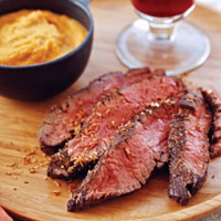 Malabar Spice-Crusted Hanger Steaks with Gingered Carrot Puree