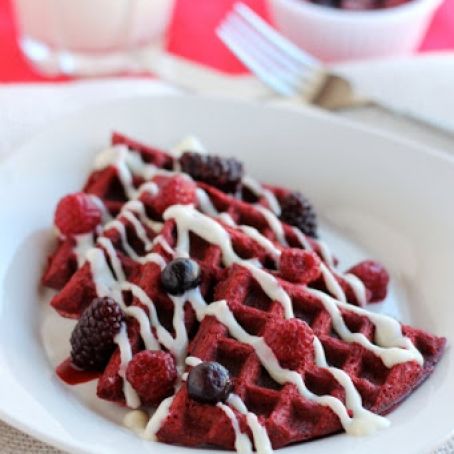 Red Velvet Waffles from Cake Mix with Cream Cheese Icing Drizzle