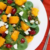 Baby Spinach Salad with Honey Roasted Butternut Squash, Pumpkin Seeds, Gorgonzola and Dried Cherries