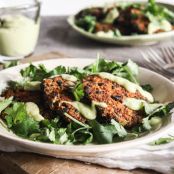 Sweet potato and quinoa fritters with avocado-lime sauce (vegan)