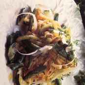 Four-Herb Fettucine with green vegetables + shaved asiago