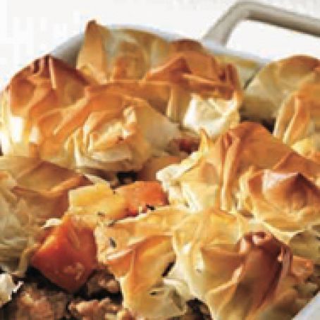 Cider-Braised Sausage Pie with Scrunched Phyllo Crust