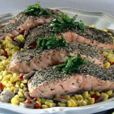 Herb Crusted Salmon with Sweet Corn and Mushrooms