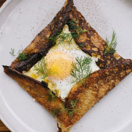 Buckwheat Crepes with Creamy Leeks and Baked Eggs