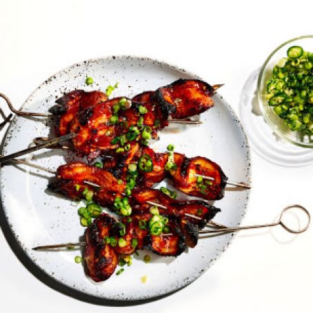 Sweet and Spicy Bacon Kebabs with Scallion-Ginger Relish