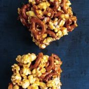 Chewy Caramel Popcorn and Pretzel Bars